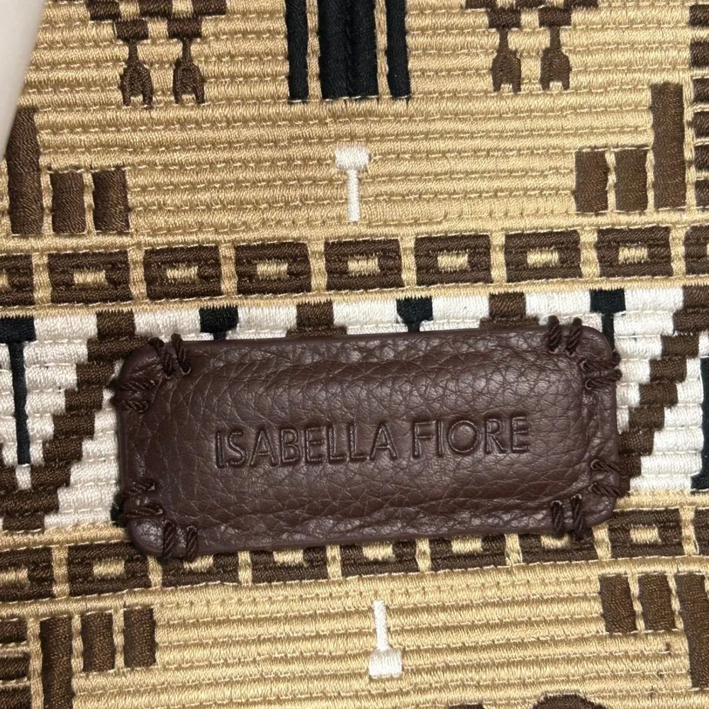Isabella Fiore Woven Tapestry Leather Tote Bag Brown Tan Rattan Bird BOHO NEW